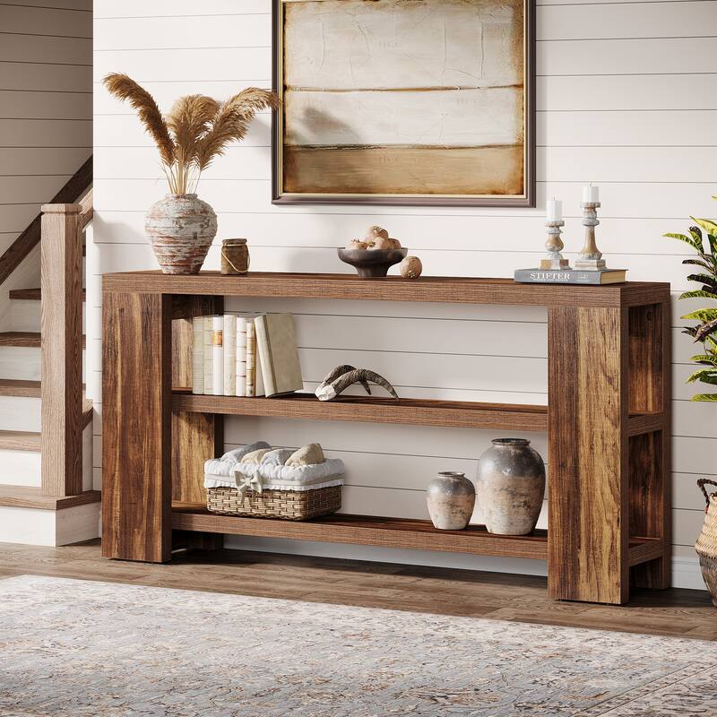 70.9-Inch Extra Long Console Table with Storage, 3-Tier Narrow Wooden Sofa Table - Dark Brown - MDF