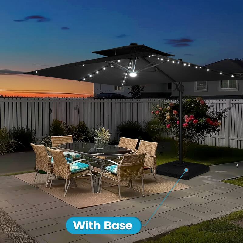 9 x 11 FT Outdoor LED Lighted Patio Cantilever Umbrella with 4-Piece Fillable Weighted Base