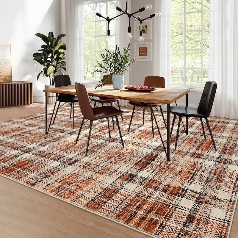 Garvee Earthy Plaid Soft Low Pile Foldable Area Rug