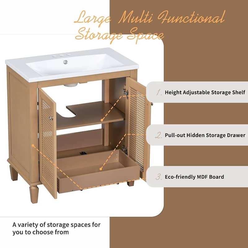 30" Wood Bathroom Vanity with Resin Sink with Hidden Drawer