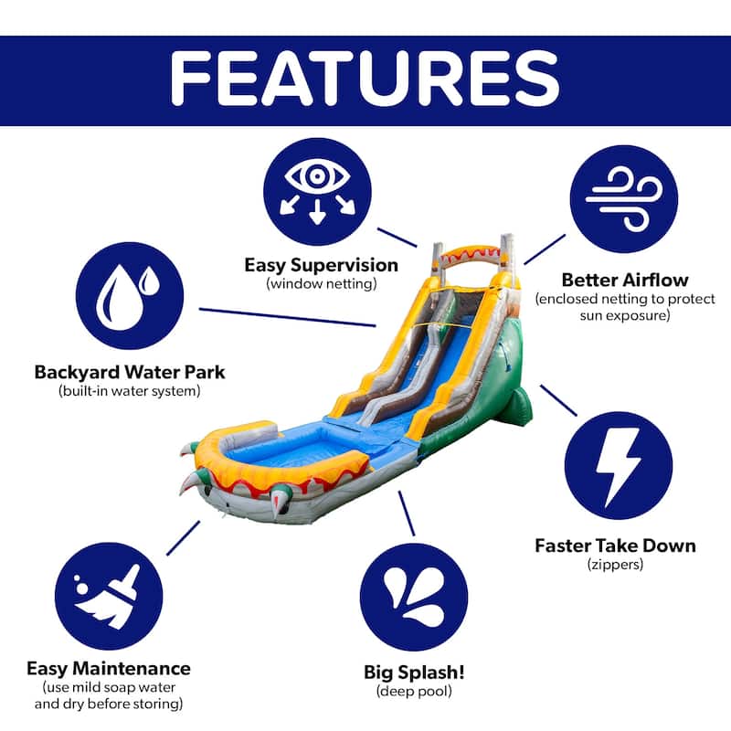 Herokiddo18FT Commercial Grade T-Rex Inflatable Water Slide with Air Blower & Detachable Pool, Tall Seating Height, Outdoor Play