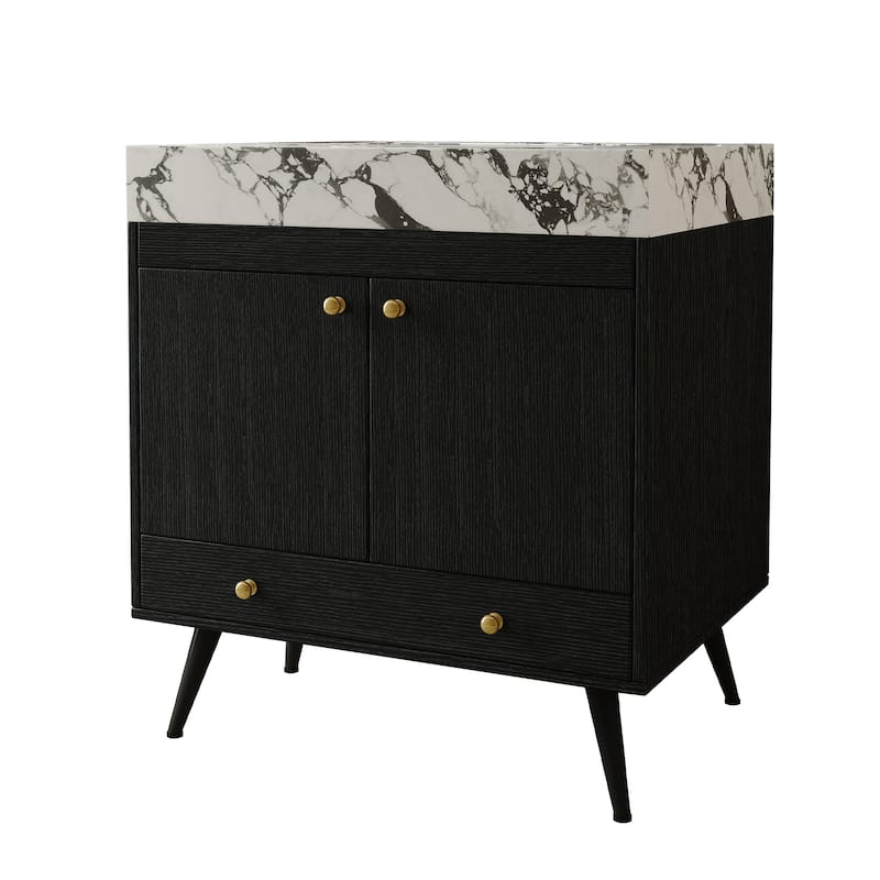 Mid-Century 30" Freestanding Bathroom Vanity with Faux Marble Top, Ceramic Sink & Gold Legs Cabinet