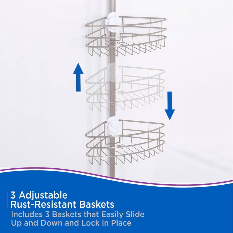 Kenney 3-Tier Spring Tension EasySlide Adjustable Shower Corner Pole Caddy - Brushed Nickel