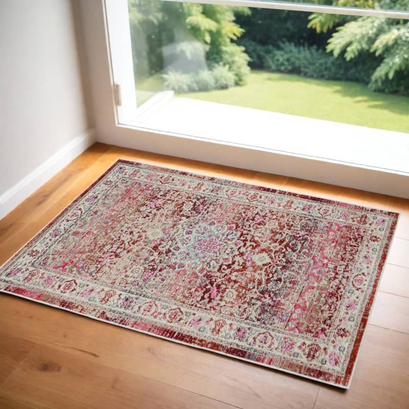 HomeRootsFloral Transitional Rectangle Area Rug - 48' X '24' X '0.5 - 48' X '24' X '0.5 - Red/Ivory