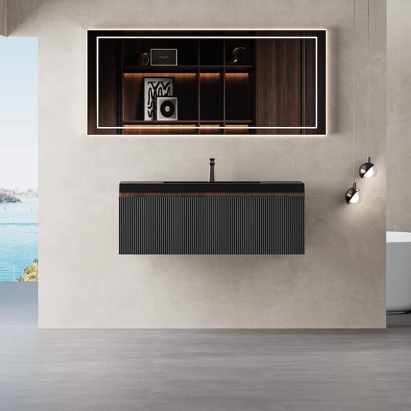 36'' Floating Bathroom Vanity with Sink Combo, Modern Wall-Mounted Striped Bathroom Storage Cabinet with Soft-Close Drawers - Walnut+black