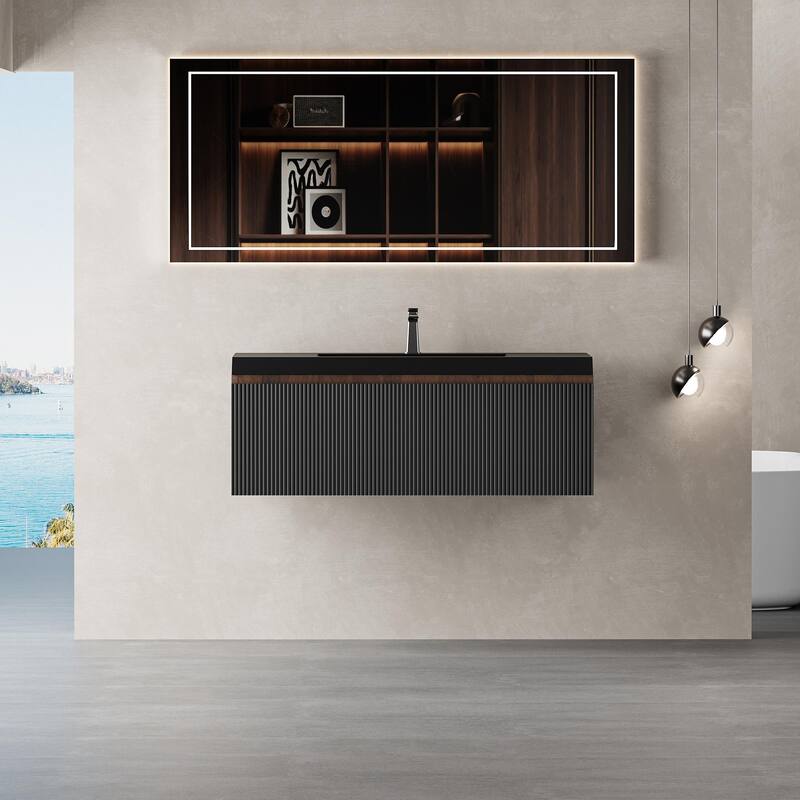 GDFStudio - Everett 36-Inch Floating Bathroom Vanity with Quartz Sand Basin and Fluted Storage Drawers - Walnut+black