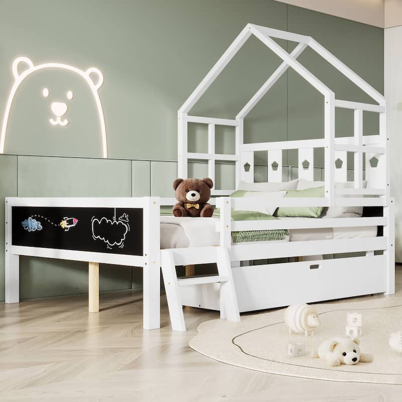 Roomfitters Size House Bed with Ladder and Storage Drawers, Solid Wood Platform Bed Frame with Blackboard Design, White