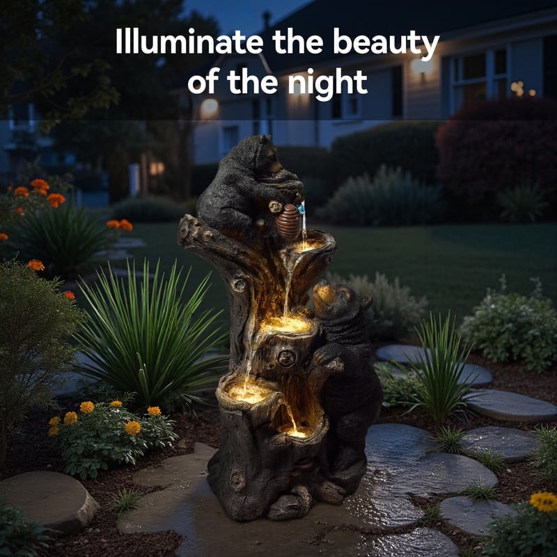 Vbal Resin Bears and Honeycomb 4-Tier water extraction Outdoor Fountain with LED Light