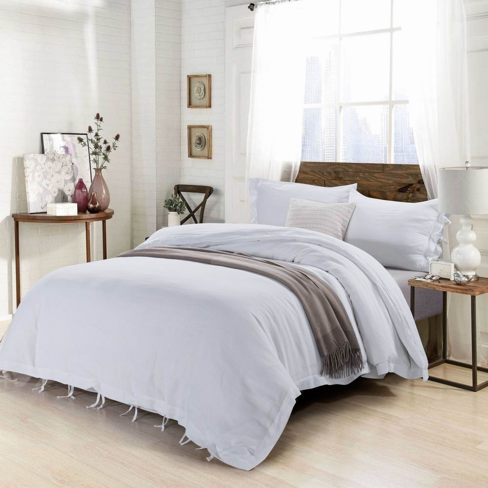 WHOLINENS Stone Washed Linen Duvet Cover Set Bow Tie Closure