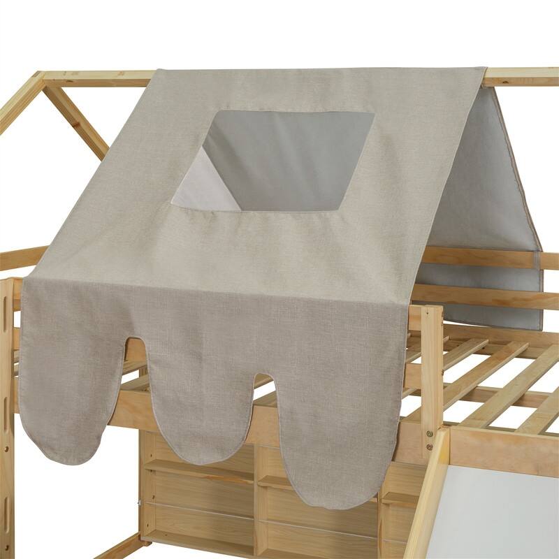 Twin/Full Size House Loft Bed with Slide and Tent, Wooden House Bed with Roof Frame, Storage Shelves & Car Shaped Storage Unit
