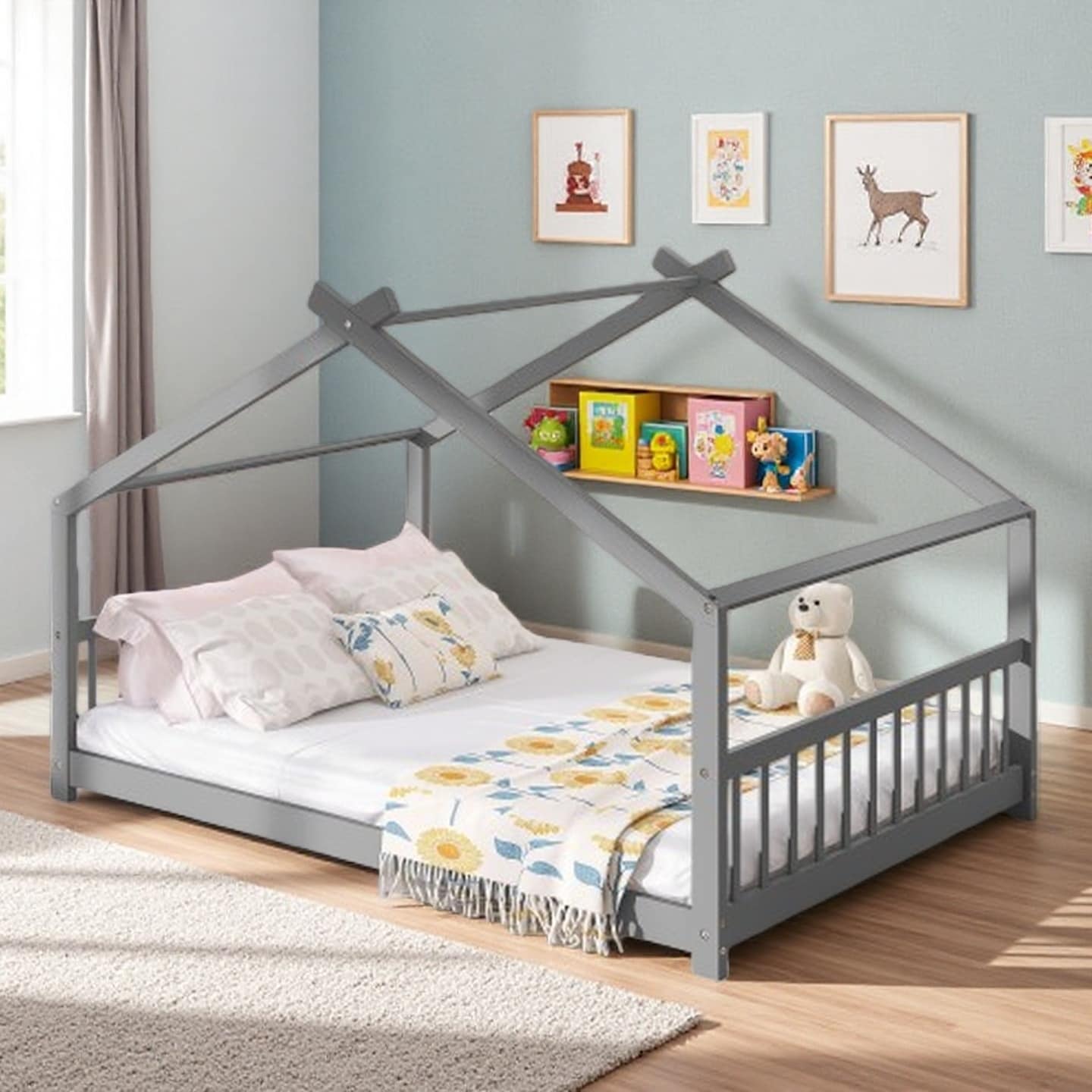 Full Size Kids House Bed with Roof, Gray Pine Wood Frame, Semi-Enclosed Playhouse Design