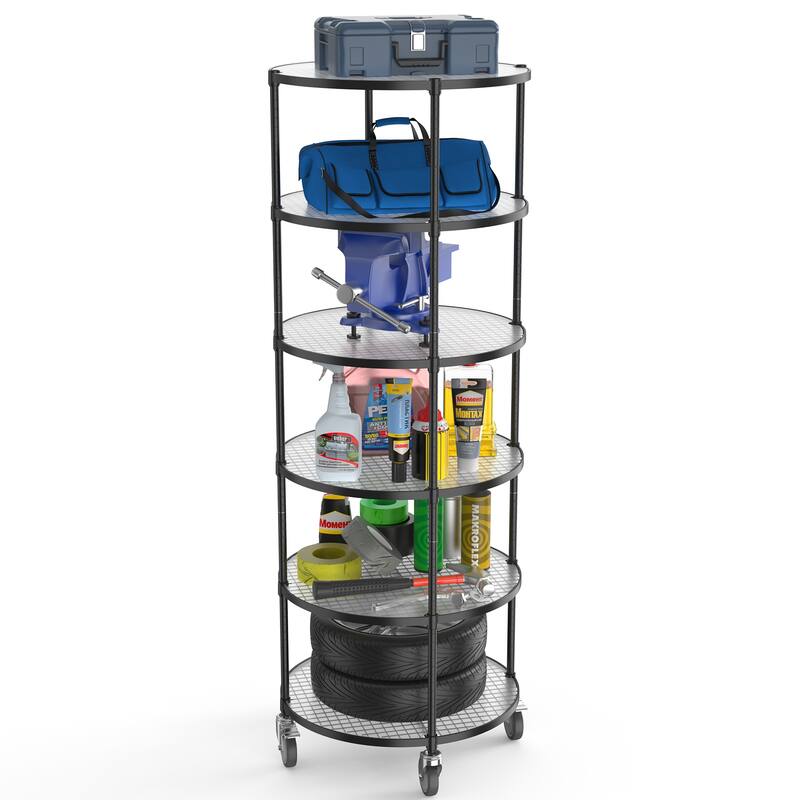 6-layer circular shelf with wheels,White/Black/Silver - 6 Tier - Black