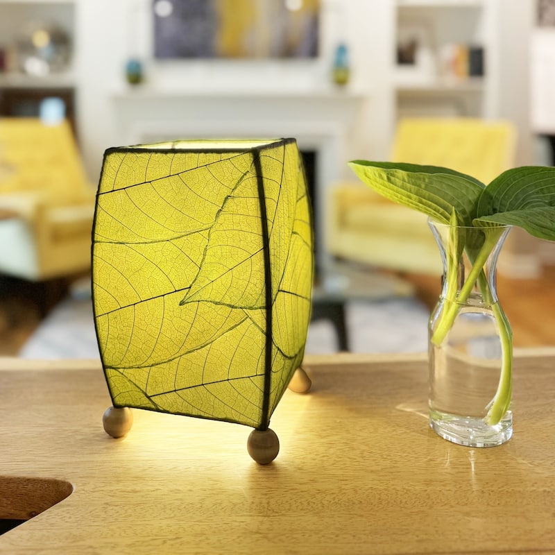 Handmade Mini Square Cocoa Leaf Table Lamp, Cocoa Leaves Shade, 6 x 6 x 9 in.