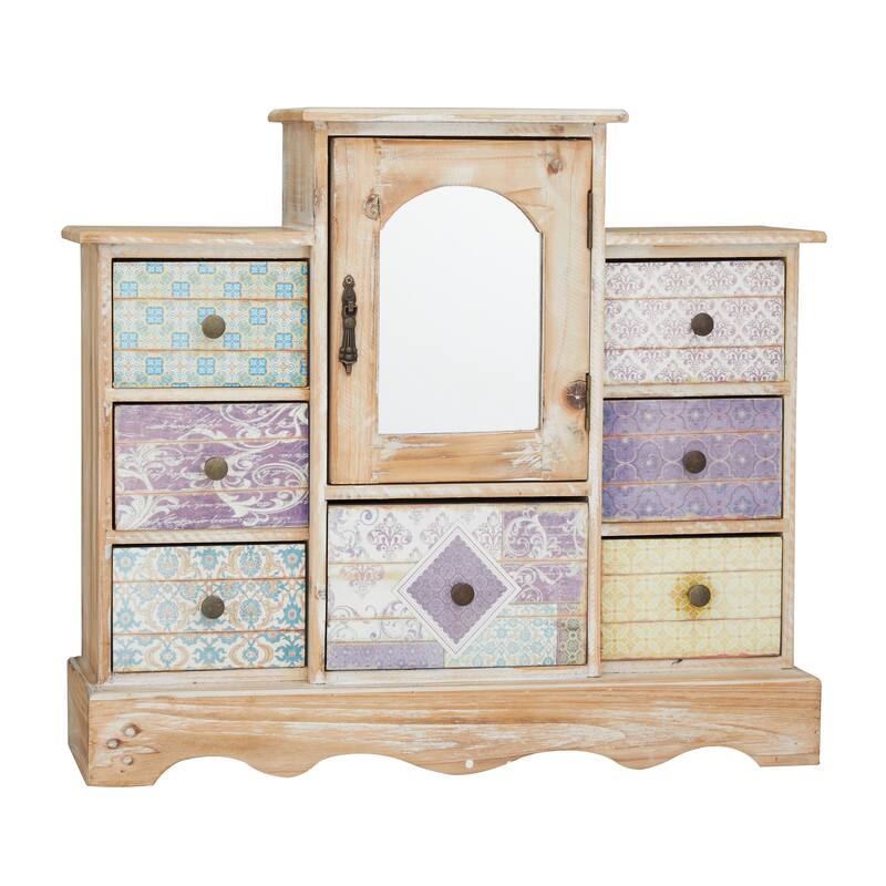 Light Brown Wooden 7 Drawers Decorative Jewelry Box with Patchwork Patterns