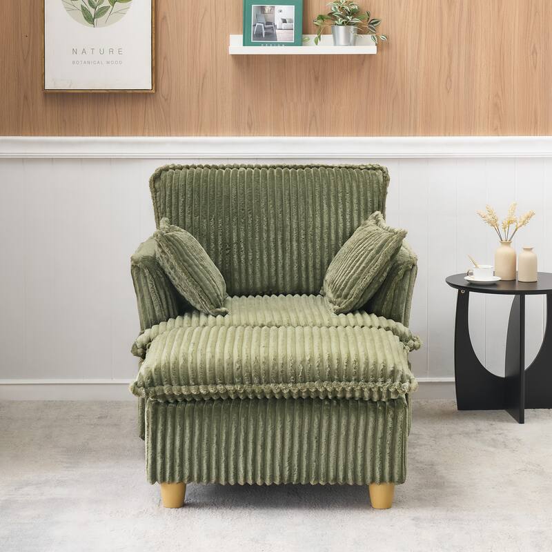 Single Sofa with Ottoman, Comfy Corduroy Upholstered Armchair, Lounge Chair with Throw Pillows for Living Room, Balcony