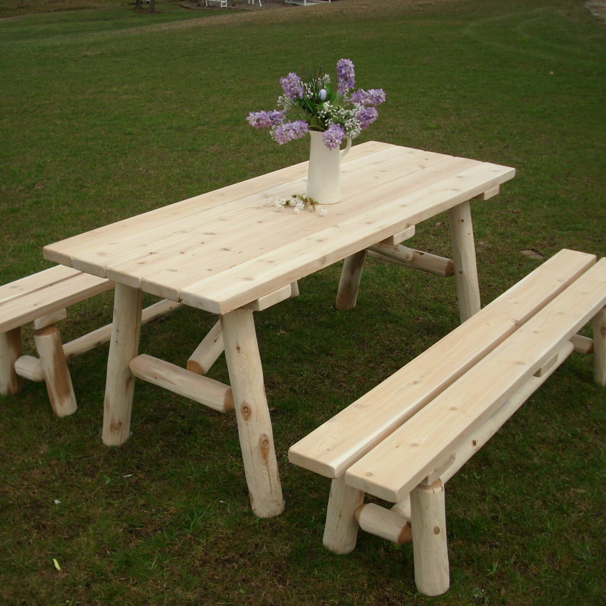 White Cedar Log 6' Picnic Table with Detached Benches Bed Bath