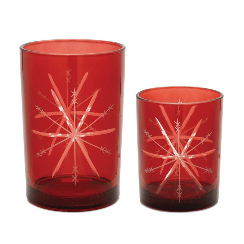 Snowflake Glass Christmas Candle Holders - 6.5" - Red - Set of 2