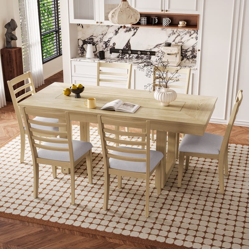 7-Piece Expandable Dining Set – Farmhouse-Style Extendable Table & 6 Upholstered Chairs, Rustic Wood Kitchen Table . - Natural