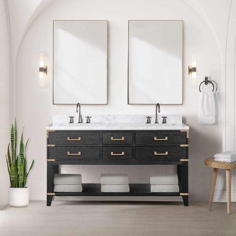 Lexora Norwalk Bath Vanity, Carrara Marble Top, Faucet Set, and Mirror