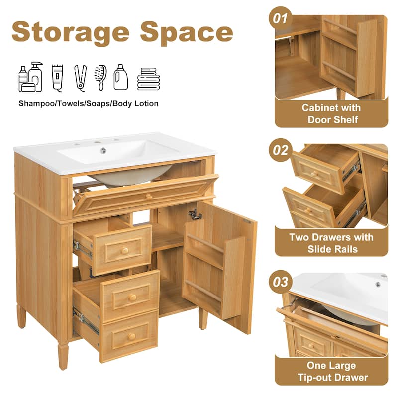 30" Bathroom Vanity with Ceramic Sink, Solid Pine Wood Frame Freestanding Vanity - 30inches