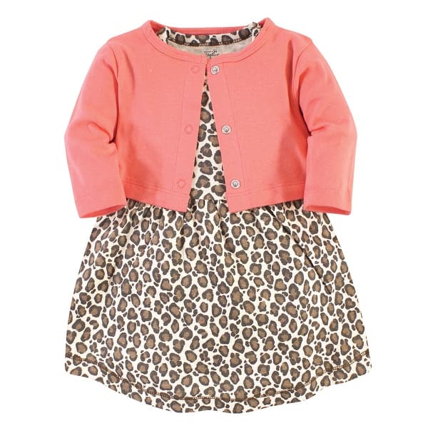 slide 1 of 1, Touched by Nature Baby and Toddler Girl Organic Cotton Dress and Cardigan 2pc Set, Leopard 2T - Leopard