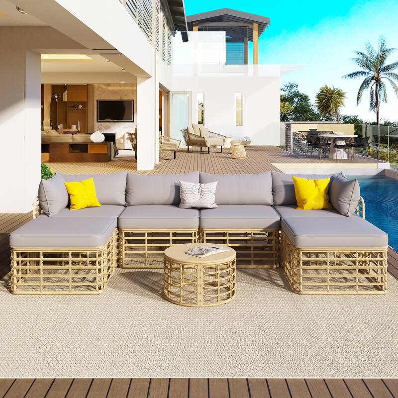 7 Pieces Outdoor Patio Furniture, with Thick Cushions & Pillows, All-Weather Rattan Sectional Sofa Set wRound Coffee Table - Gray