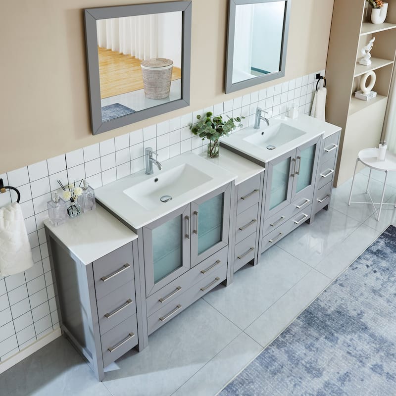 Vanity Art 96" Double Sink Bathroom Vanity Set 13 Dove-Tailed Drawers 5 Cabinets 2 Shelves, Soft-Closing Doors with Free Mirror