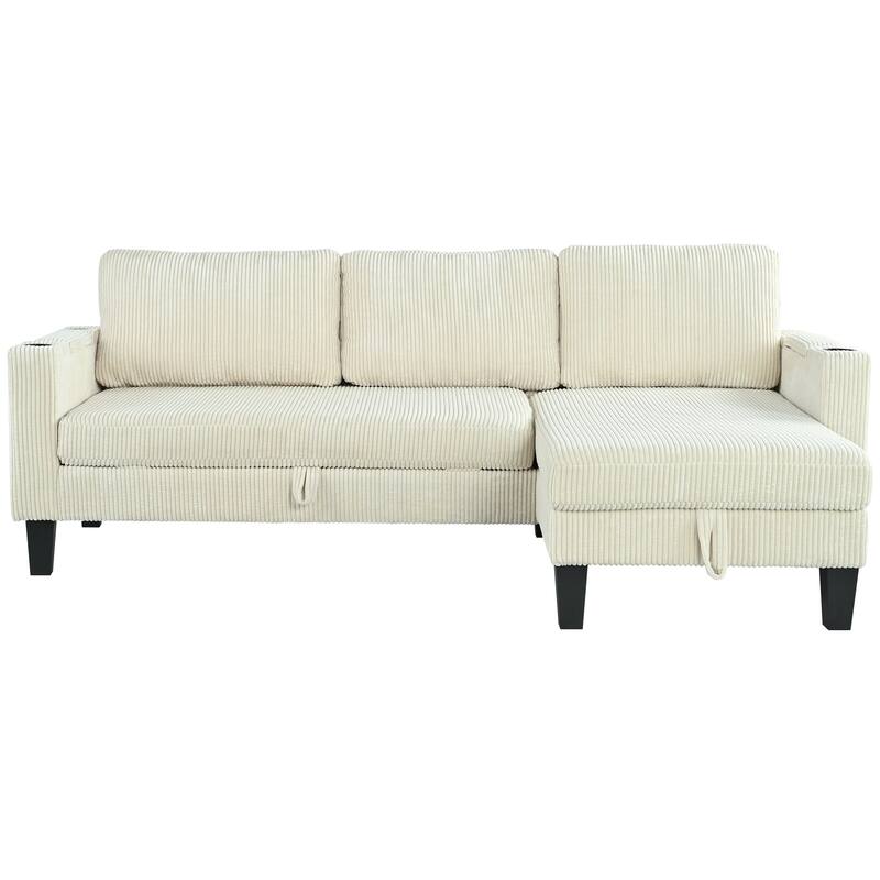 Convertible Sectional Sofa with L-Shaped Storage Chaise, Corner Sofa with Cup Holder & USB Ports, Corduroy Fabric Sleeper Sofa