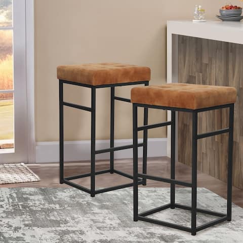 30 Inch Backless Metal Barstool with Brown/Grey Velvet Seat-Set of 2