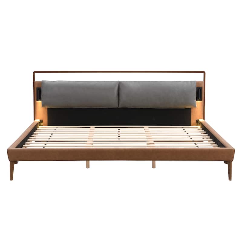 Brown&Gray Leather King Bed with 2pcs Night Lights