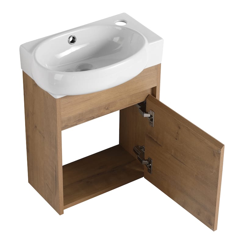 17 in.W Wall-Mounted Plywood Bathroom Vanity in Imitative Oak with Ceramic Sink