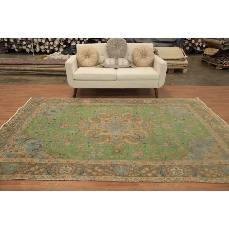 Hand Knotted Oriental 100% Wool Carpet Traditional Floral Green Tabriz Area Rug - 9' 5'' X 6' 4''