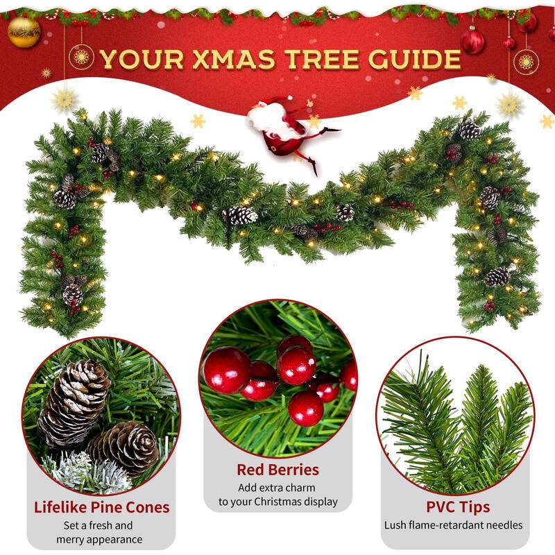 4 Pcs Artificial Christmas Set, Garland, Wreath and Set of 2 Entrance Trees X-mas with LED Lights - N/A