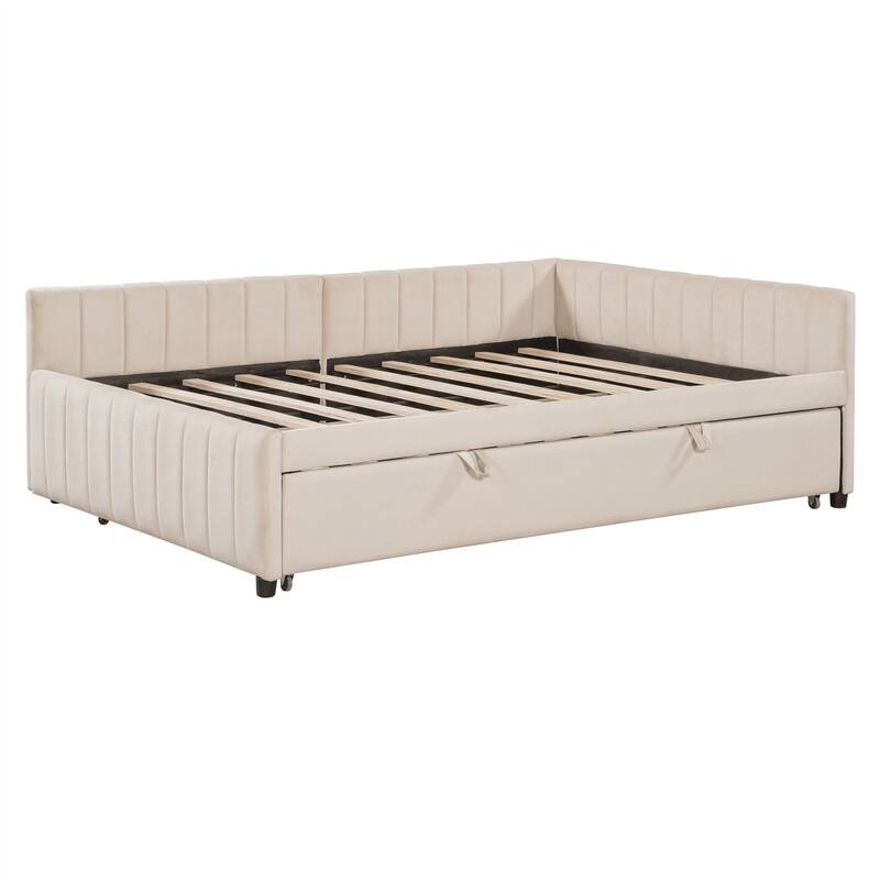 Upholstered Daybed with Twin Size Pop Up Trundle, Full Size Daybed Frame Sofa Bed with L-Shaped Backrest and Striped Design