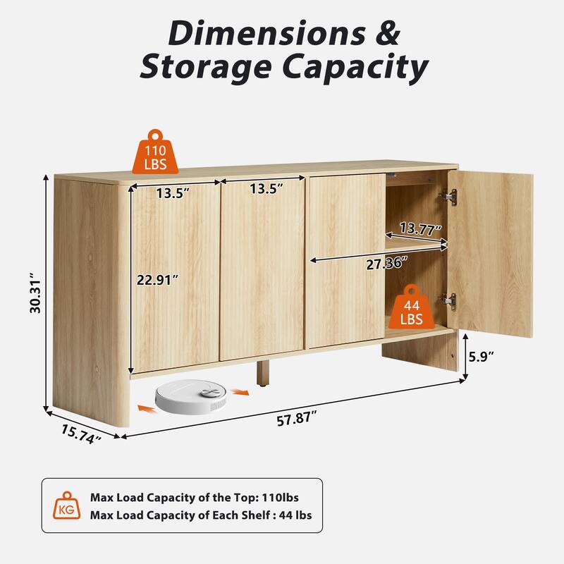 57in.W Wooden 4-Door sideboard/Buffet Storage Cabinet