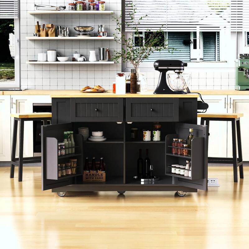 48" Rolling Kitchen Island with Drop Leaf, Power Outlet & 2 Bar Stools, Storage Cart with Drawers & Racks