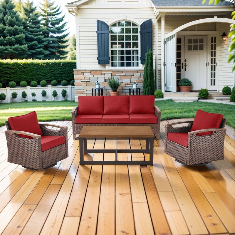 Pocassy Outdoor Patio Sofa Chair Ottoman Table Furniture Set - Red Cushion - 3-Seat Sofa with Swivel Chair Table Set