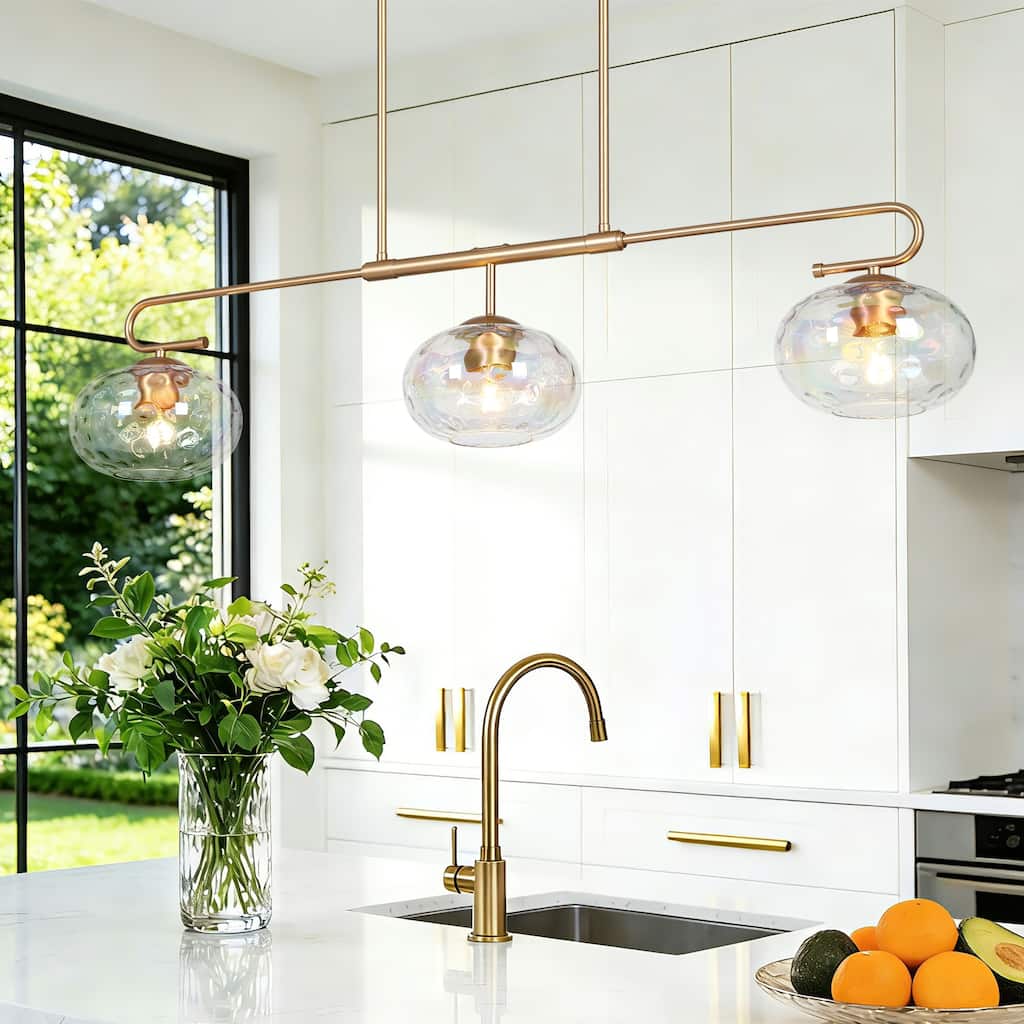 Modern 3-Light Gold Chandelier 47 IN Linear Textured Glass Pendant for Kitchen Island Dining Room - W 47.2" x D 8.3" x H 9.8"