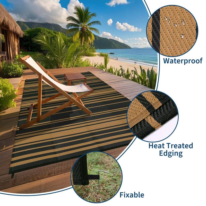 Outdoor Rug Waterproof Mat Outside Rugs for Patio Camping Balcony Modern Strip Plastic Straw Rug