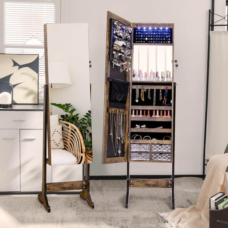 Costway Jewelry Cabinet Armoire Full Length Frameless Mirror Lockable - See Details - Rustic Brown