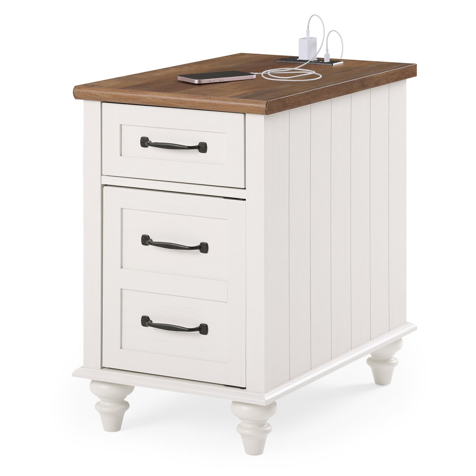 WAMPAT 24 White End Table with Charging Station, Farmhouse Side Table