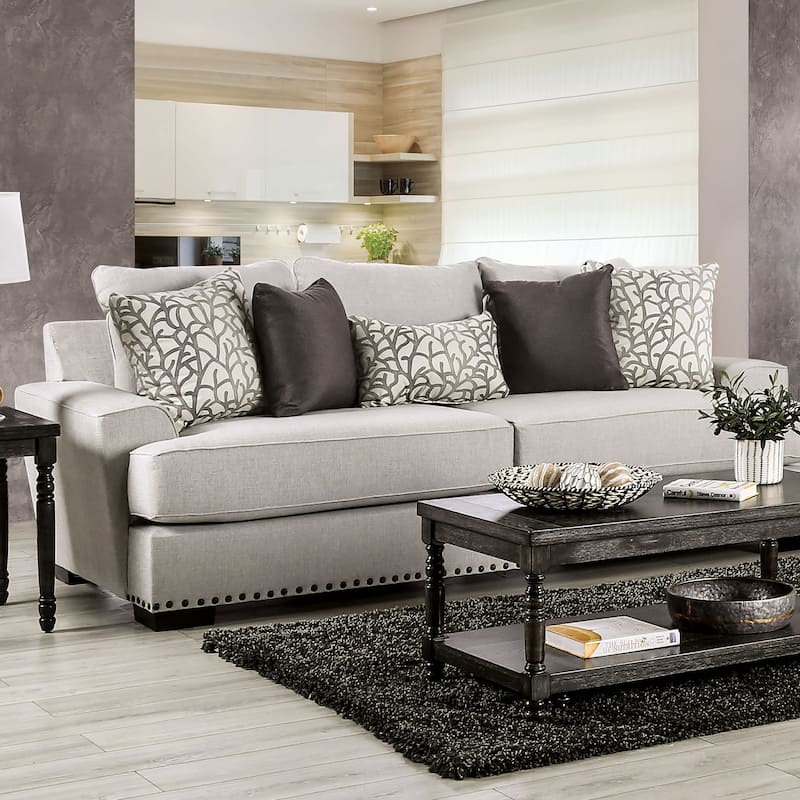 Bule Transitional Light Grey Fabric Upholstered Nailhead Trim Sofa with Pillows by Furniture of America