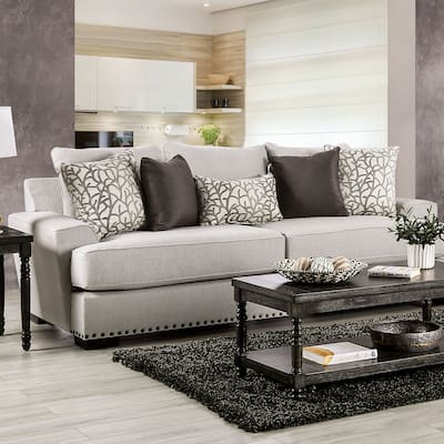 Bule Transitional Light Grey Fabric Upholstered Nailhead Trim Sofa with Pillows by Furniture of America