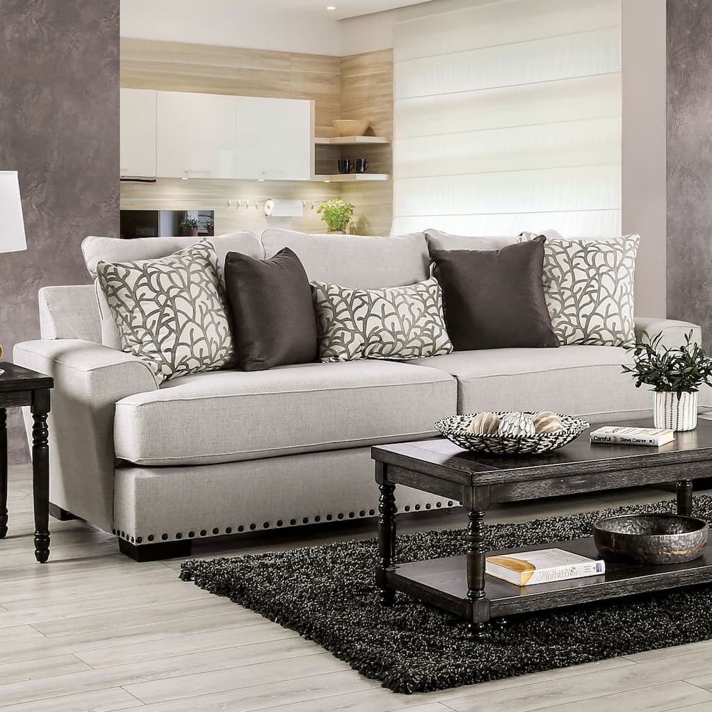 Bule Transitional Light Grey Fabric Upholstered Nailhead Trim Sofa with Pillows by Furniture of America