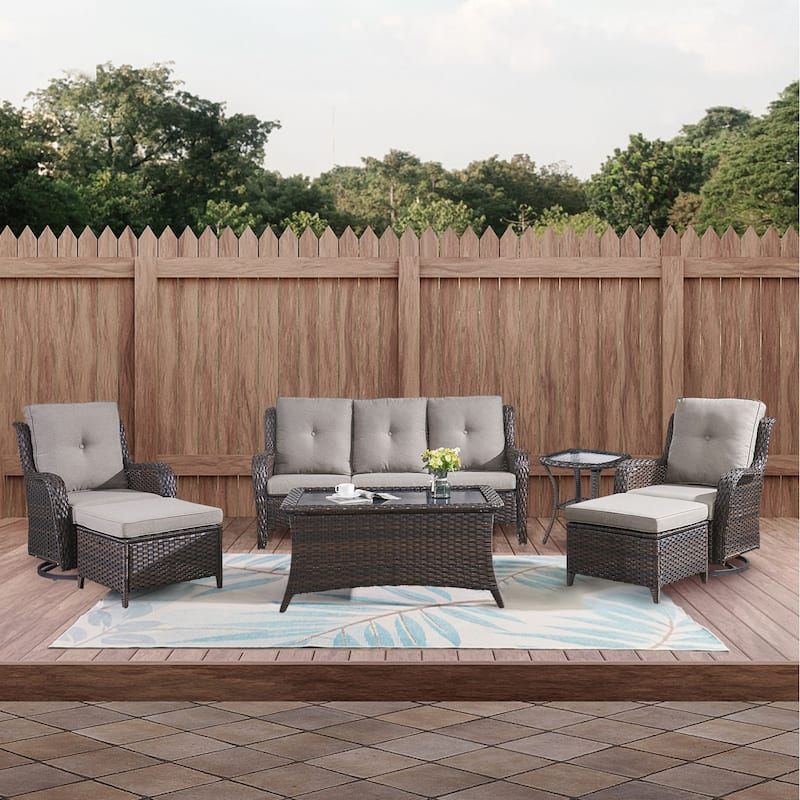 Gymojoy 7-Piece Outdoor Wicker Patio Furniture with 3 Seat Sofa, Rattan Coversation Set with Water Resistant Thick Cushions - Brown Wicker / Grey Cusion - 7-Piece