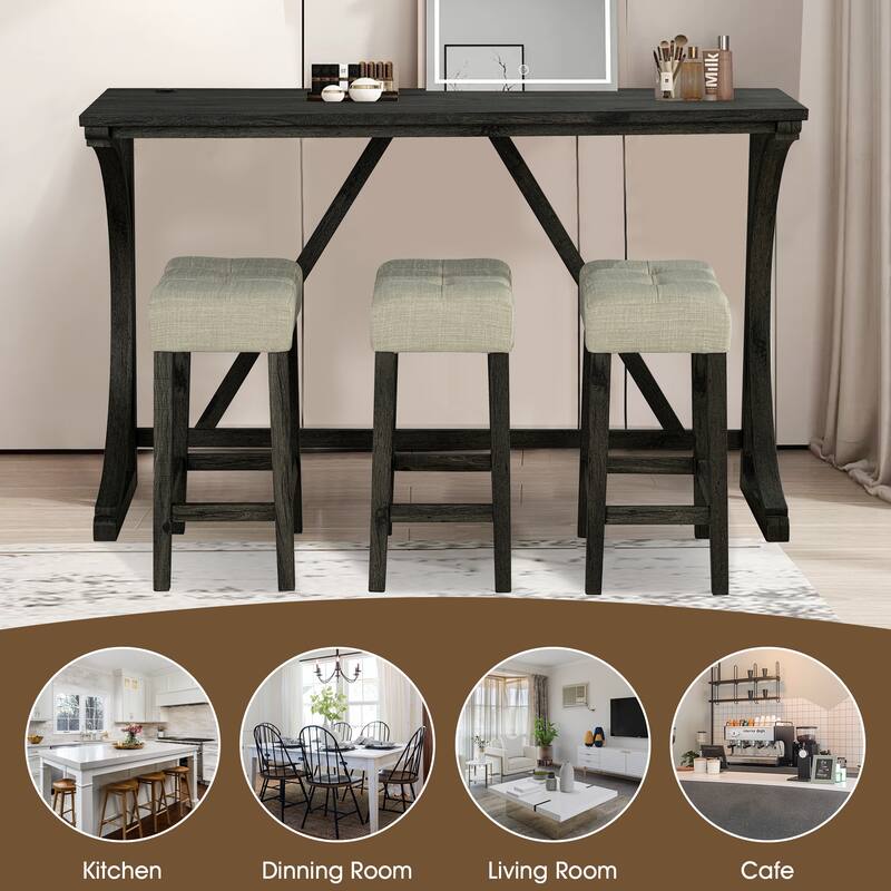 Brown Kitchen Counter Height Dining Table Set with 3 Upholstered Stools