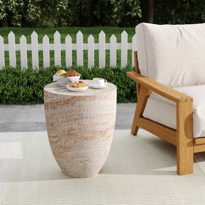 Outdoor Indoor Lightweight Concrete Side Table, Travertine Finish - 15.34 - 15.34