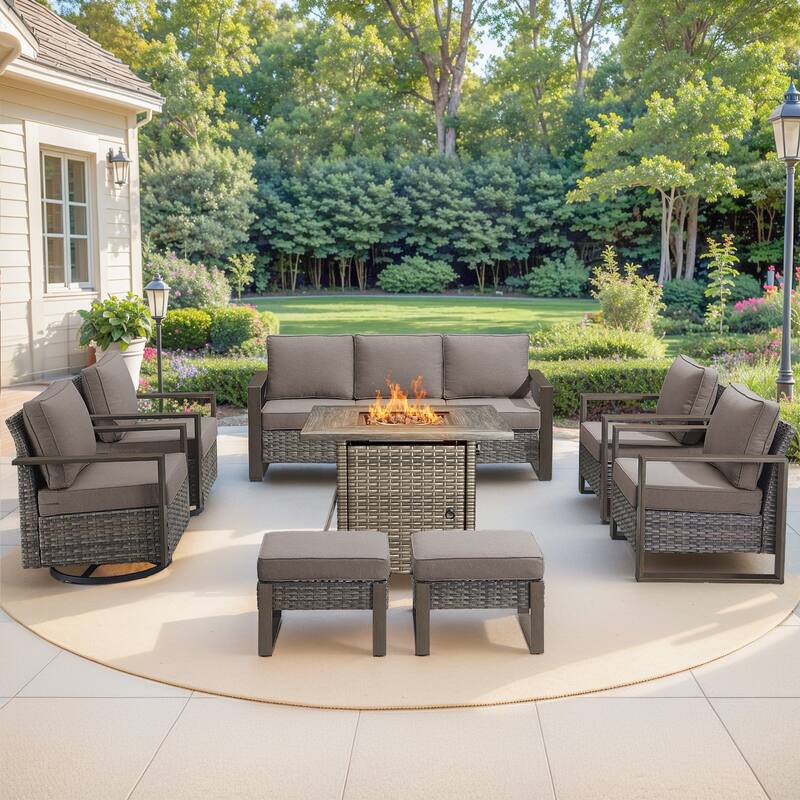 Pocassy 4/6/8PCS Sofa Swivel Chair with Fire Pit Table Set - Grey Wicker Gray Cushion - 8-Piece Sofa Chair with Fire Table