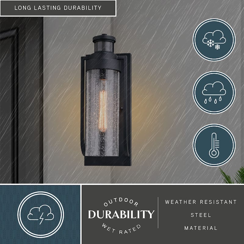 Lawton Steel LED Compatible Black Motion Sensor Dusk to Dawn Outdoor Wall Light Transitional Clear Glass