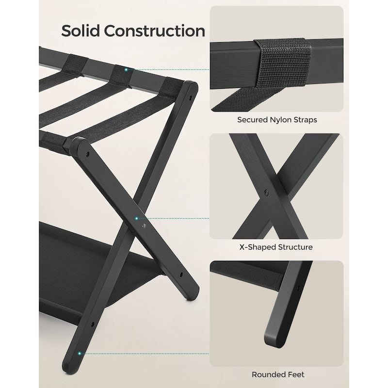 Wicker Luggage Rack with Nylon Support Straps and Storage Shelf Foldable Travel Suitcase Stand